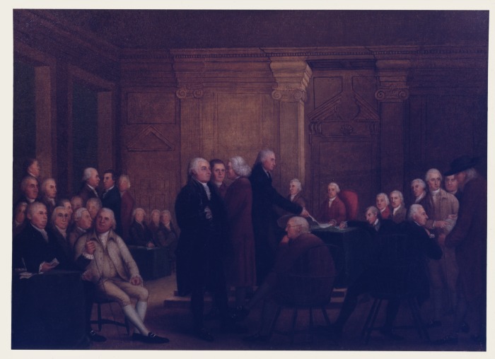 Edward Savage's painting, Congress Voting Independence, depicting the scene inside the Pennsylvania State House in 1776.