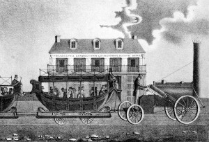 image from 1832 showing a steam engine pulling railroad cars