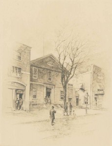 Drawing of the German Society building, black and white. There is a tree with no leaves in front of the building, and a few people walking along the street. 