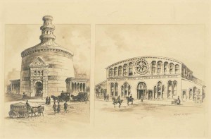Drawing of the Colosseum and the Offenbach Gardens auditorium.