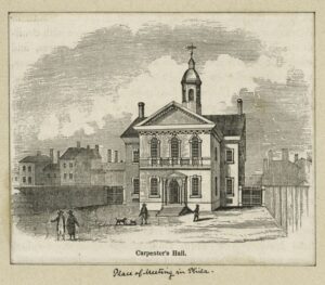 Black and white sketch of the exterior of 18th century style building.