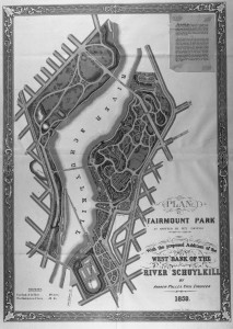 A black and white map of Fairmount park. The map shows the trails and roads through Fairmount park, and has small images of plants scattered around the map. The map is black and white, and it shows both sections of Fairmount park on both the East and West of the Delaware River. 