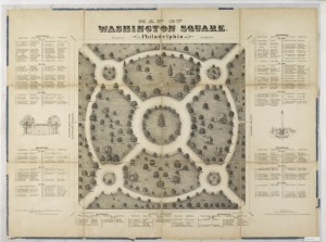 A black and white map of Washington Square. The map image has text surrounding it, naming the types of flowers and trees found in each section of the map. The map itself primarily shows the circular trails in the square and has small images of shrubs to represent plant locations. 