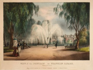 A colored painting showing people walking around the central fountain of Franklin Square. Some peope in fancy suits and dresses are depicted in the image. Some couples are standing around the fountain and some gentlemen are sitting on benches lining the paths of the square.