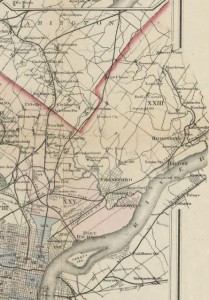A map of the Northeast section of Philadelphia. The boarder of Northeast Philadelphia is colored red, and the map separates political districts with shades of light blue, yellow, pink, and green. The map mostly shoes roads, but some rivers, streams, and lakes are displayed on the map. 