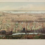 A colored drawing dipicting an aerial view of Philadelphia looking to the East. The image shows the major roads, buildings, and large green spaces that made up the city in 1857. The Delaware river can be seen in the background.