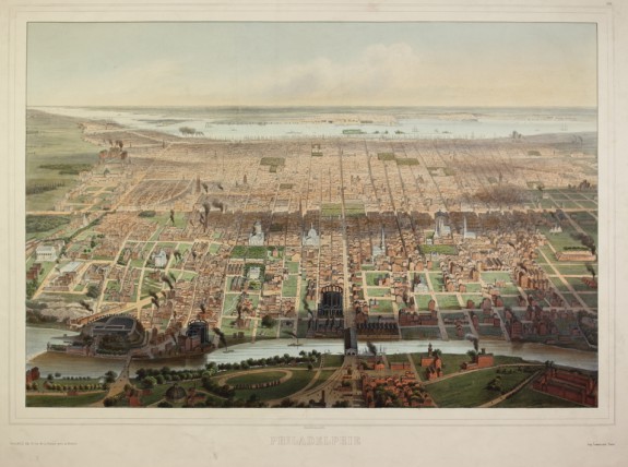 A colored drawing dipicting an aerial view of Philadelphia looking to the East. The image shows the major roads, buildings, and large green spaces that made up the city in 1857. The Delaware river can be seen in the background. 