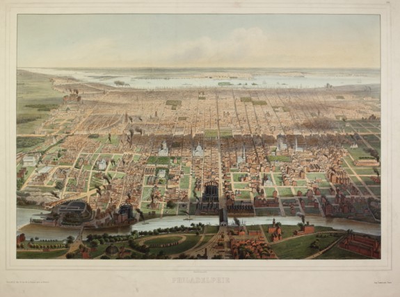 A colored drawing dipicting an aerial view of Philadelphia looking to the East. The image shows the major roads, buildings, and large green spaces that made up the city in 1857. The Delaware river can be seen in the background.