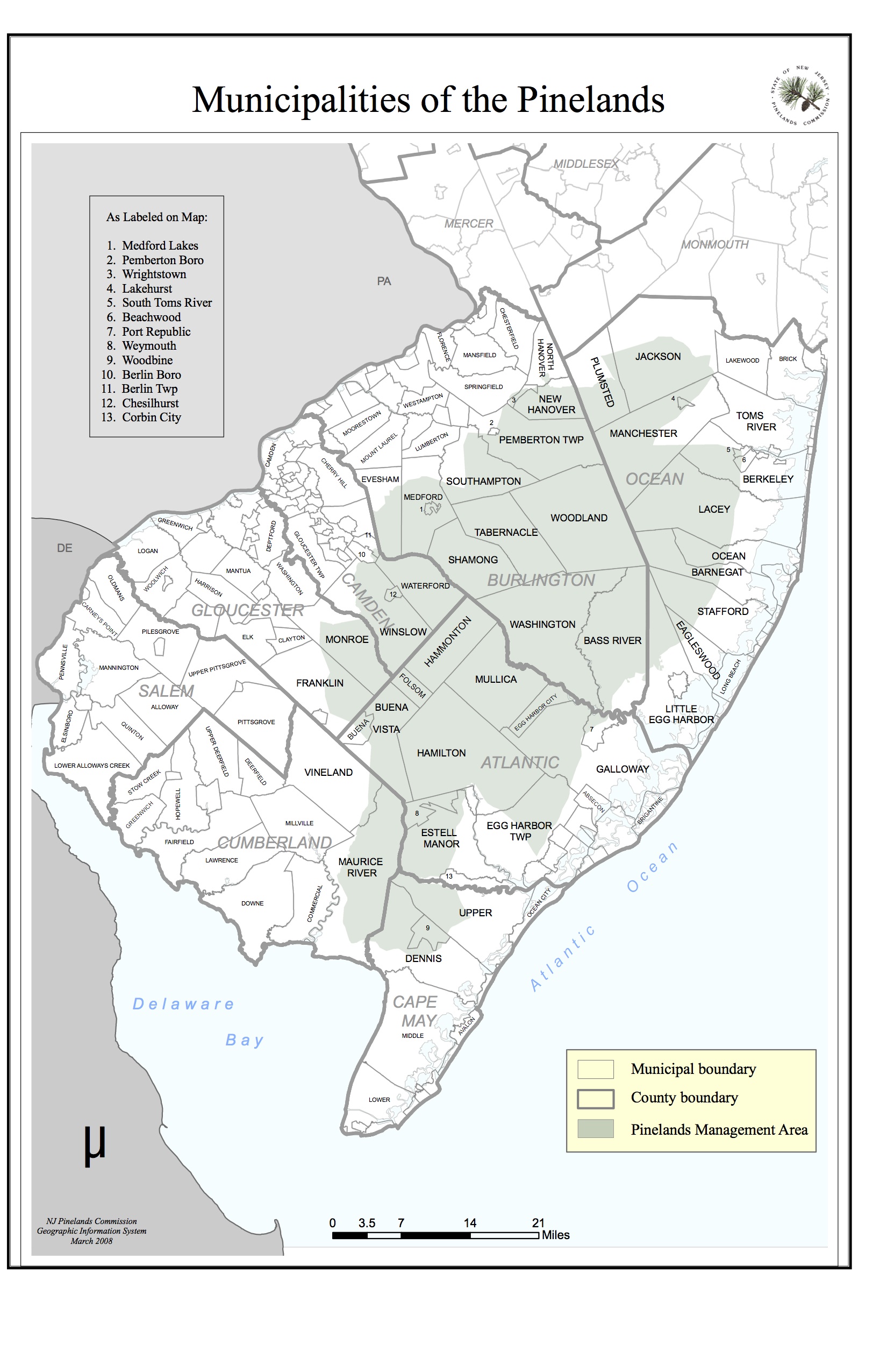 a map of the various municipalities of the Pinelands