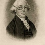A black and white drawing of an older male man from the shoulders up. The person is slightly bald at the top of his head and white hair puffed along the side of his head. He is wearing glasses, a black jacket and a white necktie.