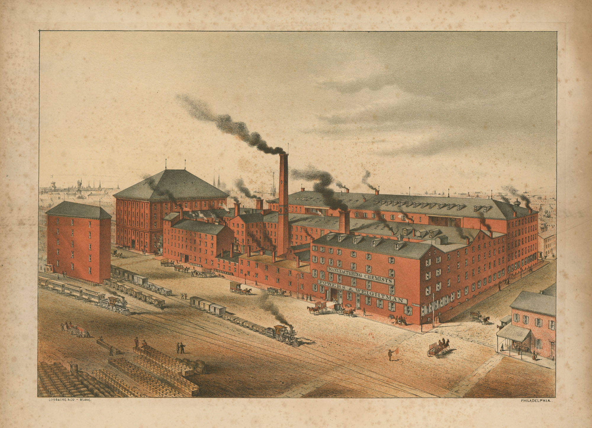A drawing of a large rectangular brick building. The single building has sections of various floor sized, with black roof slopped at different angles. There are train tracks in the foreground of the building and a train is emitting smoke on the tracks. The factory has three chimneys, which are expelling black smoke. In the background of the image are rough sketches of buildings and churches.