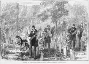 A black and white illustration of small girls and soldiers in a cemetery placing American flags at each gravestone. The men are dressed in military garb, and there is a crowd of people observing the flag placement. 