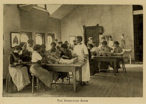 This posed photograph of the dissection laboratory of the Woman’s Medical College of Pennsylvania (WMCP) from the 1910 yearbook conveyed the reassuring idea that the study of medicine, even anatomy, could be orderly and lady-like. The opening of Quaker-supported WMCP in 1850 and founding of Woman’s Hospital of Philadelphia (1861) made Philadelphia the home of many early women physicians and surgeons. (Legacy Center Archives, Drexel University College of Medicine)