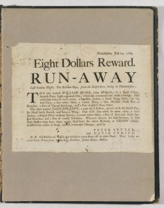 The text of an advertisement about two run away indentured servants. The text was cut from a larger piece of paper and pasted into a grey book. 