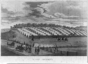 a lithograph of camp dupont, outside and along the side of the road