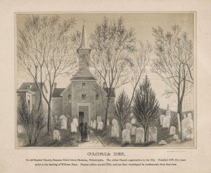 A black and white drawing of the Gloria Dei Church. In front of the church are three trees without leaves on them, a variety of grave stones, and a man and women are walking toward the building. 