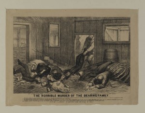A black and white drawing of a man pulling one dead body out of a barn covered in hay. There are six other bodies depicted in the foreground of the image.