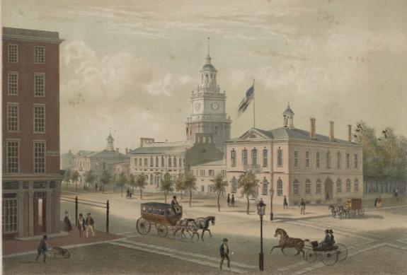 A painted illustration of a city street corner, with multi-story brick construction buildings. Congress hall is on the corner, and the tower of Independence Hall is behind it from this angle. The stree has a few people walking and a few horse-drawn carriages.