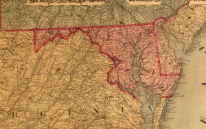 image of a map, showing Maryland, Delaware, some of Virginia and the southern portion of Pennsylvania, 1861. The Mason-Dixon line is in red.