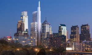 Philadelphia skyline with Comcast towers, one completed, the other (and taller) one inserted digitally at time of announcement in 2014 that it would be built.