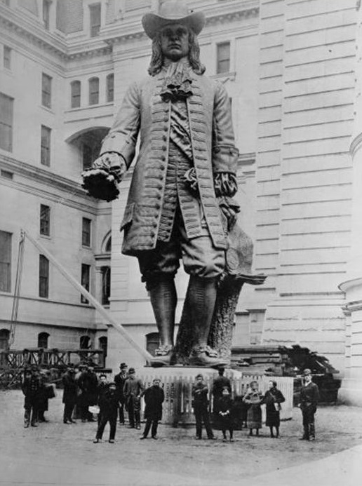 Discover Philadelphia - William Penn in winter. ❄ We've shared before that  Alexander Milne Calder's 37-foot, 53,348-pound statue of Philadelphia  founder William Penn is the largest statue atop any building in the