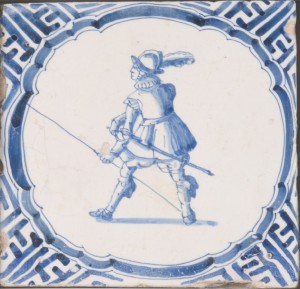 This earthenware tile, made in the Netherlands c. 1625-60, depicts a pikeman's armor, including the pot-style helmet. (Philadelphia Museum of Art)