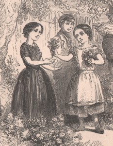 In this children's book illustration from the 1850s, the girl on the right is wearing a pinafore like the one pictured above. (From The Naughty Girl Won; or, The Story of Kitty Willis, Sunday School Union, courtesy of Philadelphia History Museum)