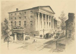 A horse-drawn streetcar of the same type depicted by the model is portrayed here traveling on Tenth Street north of Walnut (passing the original building of Jefferson College and Hospital). (Library Company of Philadelphia)