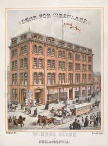 Horse-drawn streetcars, as seen at Twelfth and Filbert Streets in this c. 1870 advertisement, changed the residential organization of the city. (Library Company of Philadelphia)