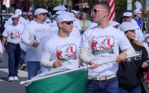 Members of the Jesters New Year's Brigade march down Broad Street on October 12, 2014, during Philadelphia's annual Columbus Day Parade. Dozens of organizations, many of them rooted in the Italian-American heritage of South Philadelphia, take part in the parade that ends at Marconi Plaza. (Photograph by Donald D. Groff for the Encyclopedia of Greater Philadelphia)