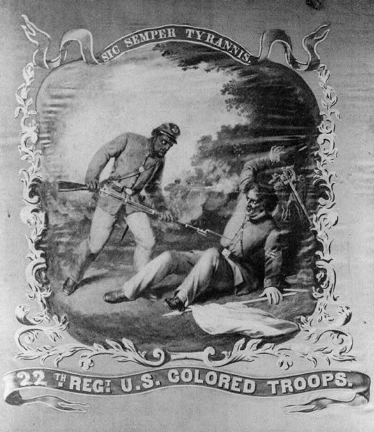 Painting of African American soldier bayoneting a Confederate soldier.