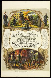 The attire and equipment of firefighters in 1800 (top image) and 1866 are depicted in this advertisement published c. 1866 by a Philadelphia insurance company. (Library Company of Philadelphia)