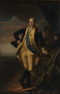 A portrait of George Washington, standing, painted by Charles Willson Peale