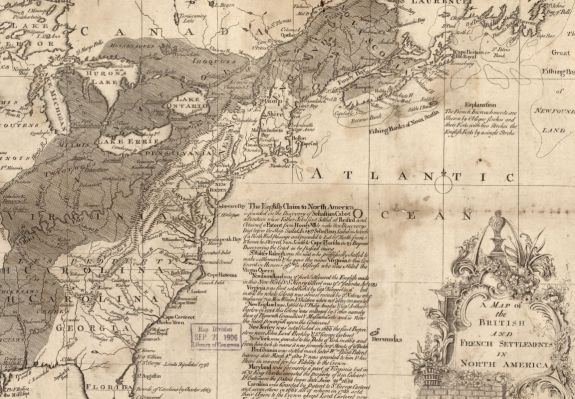 A black and white map of North America. Colonies and some prominent cities are labeled. Shaded parts of the map represent territory claimed by France.