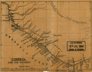 A map of the Liberian coast, showing the names of cities and separate sections of the colony. 