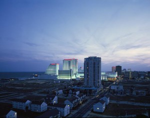 A view of Atlantic City with the Showboat and Taj Mahal casinos visible.