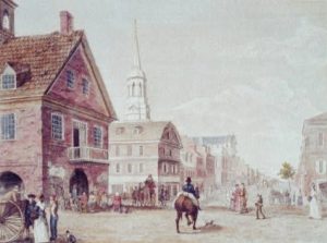 Grellet came to Philadelphia in the 1790s, an era portrayed in a series of prints by William Birch. This view depicts Second and Market Streets, looking north. (Library of Congress)