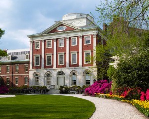 Pennsylvania Hospital, founded by Dr. Thomas Bond and Benjamin Franklin, was the first hospital in the country. In the background are contemporary buildings of the hospital, now operated by the University of Pennsylvania Health System. 