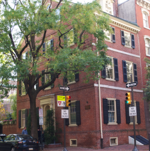 Joseph Jefferson House, photographed here in 2014, has a garden and garage. A plaque marks the home as the site of his birthplace. 