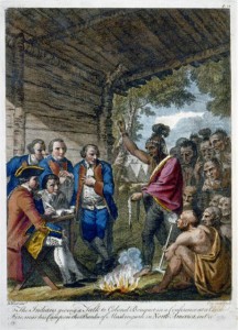 A color engraving of Native Americans talking to Colonel Henry Bouquet