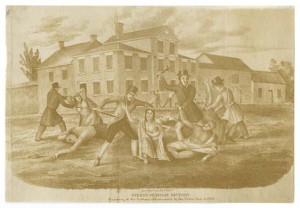 An engraving of Conestoga Indians being murdered by the Paxton Boys