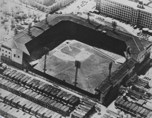 An aerial view of Shibe Park, later renamed Connie Mack Stadium, located at Twenty-FIrst and Lehigh Avenue.