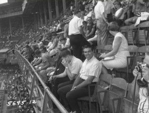 Fans at a 1967 Phillies game watch from an upper deck at Connie Mack Stadium, formerly known as Shibe Park.