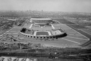 An aerial view of Municipal Stadium (foreground, renamed JFK Stadium in 1964), the Spectrum arena, and Veterans Stadium.