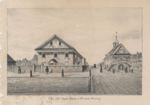 An 1830 engraving of the Friends Meeting House and Old Court House at Market and Second Streets.