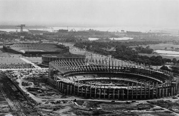 Veterans Stadium under construction in 1969 with the Spectrum arena and Municipal Stadium in the background.