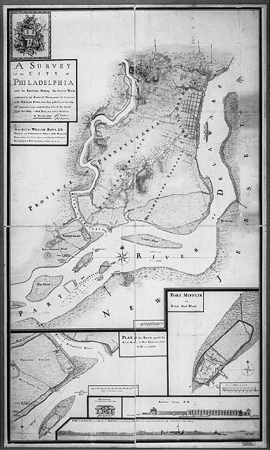 A 1777 Hessian map of the fortifications on the Delaware river, with Mud Island (Fort Mifflin) and Red Bank (Fort Mercer) inset