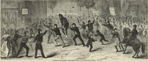 an 1880 illustration of Whiskey Rebels parading a tarred and feathered tax collector through town on a rail