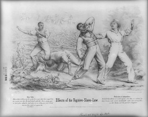 an 1850 lithograph of four African American men being ambushed by six armed caucasian men in a cornfield