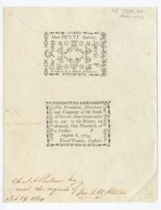 A 1789 One Penny Specie Note issued by the Bank of North America on August 6, 1789.